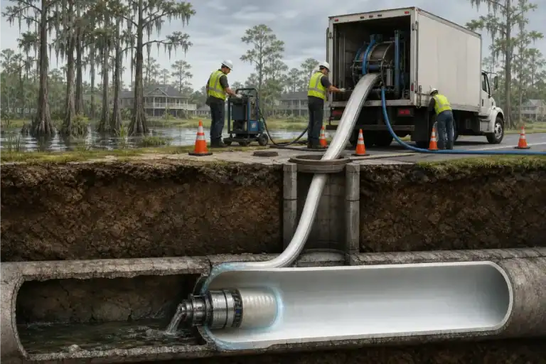 Pelican Underground LLC crew restores a pipe underground using a liner, showing safe repair work near water.