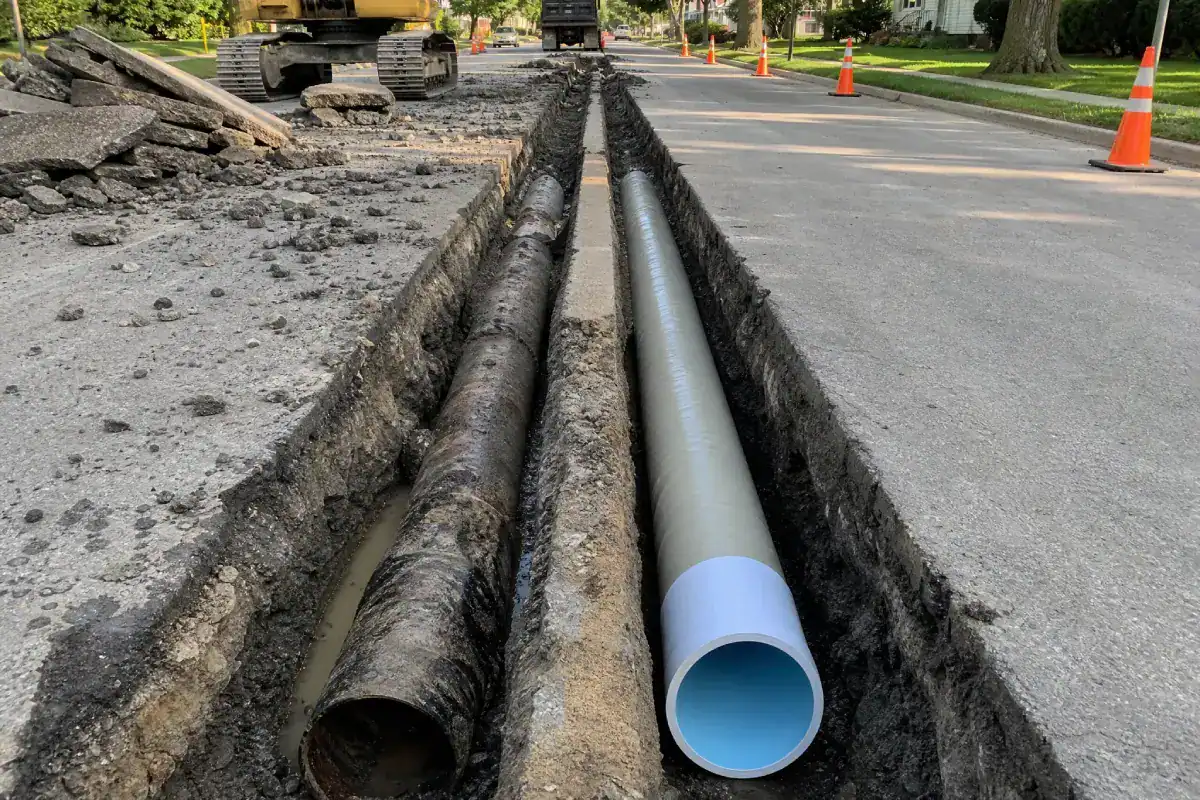 Pelican Underground LLC shows the replacement of an old pipe with a new one during street repairs.