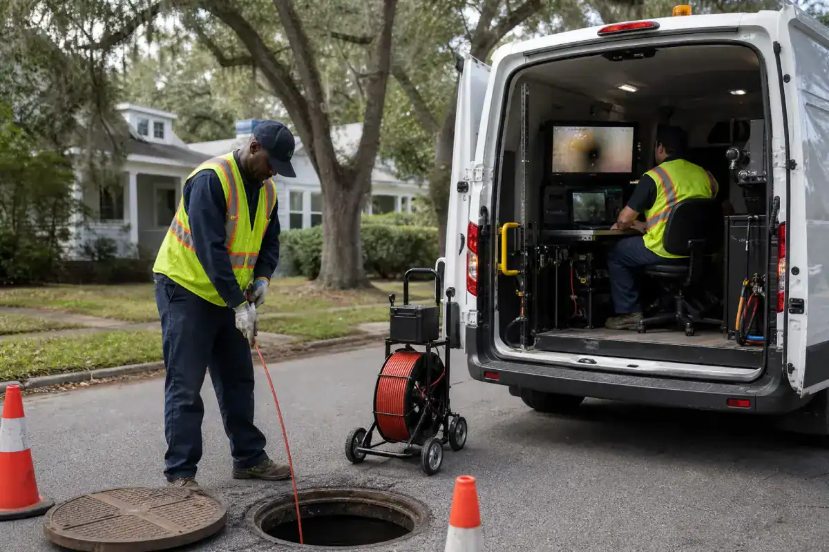 Pelican Underground LLC workers check a neighborhood sewer safely, using special equipment to look for any problems.