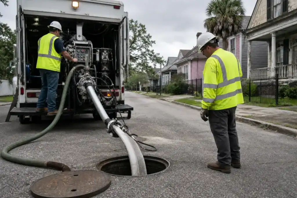 Pelican Underground LLC workers perform safe, professional underground pipe work on a neighborhood street.