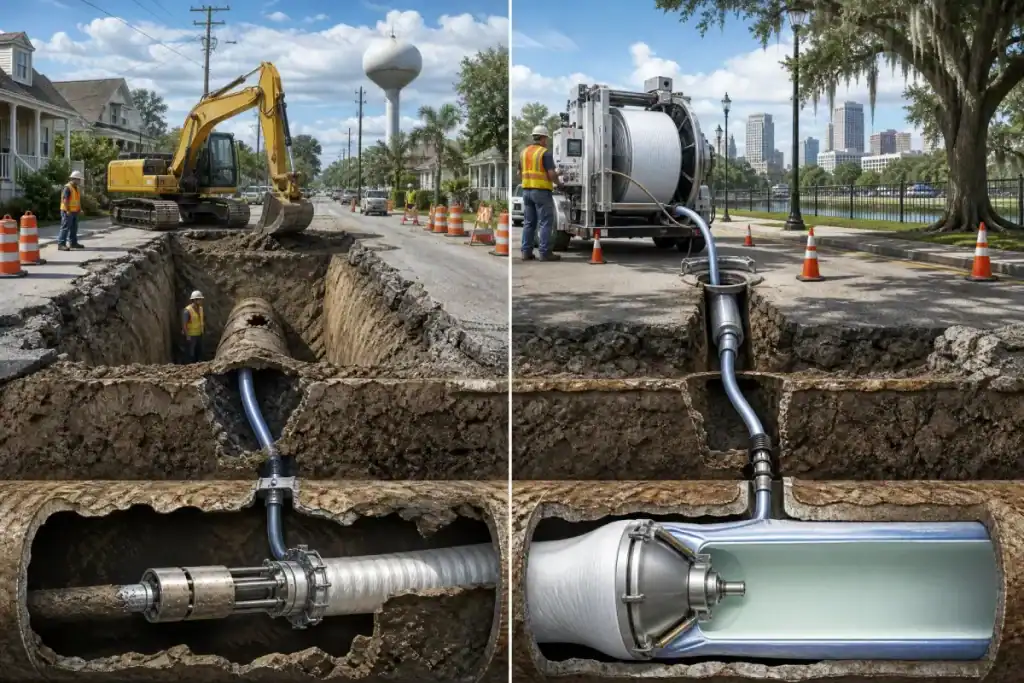Pelican Underground LLC shows pipe repair with digging versus fixing pipes without digging using trenchless technology.