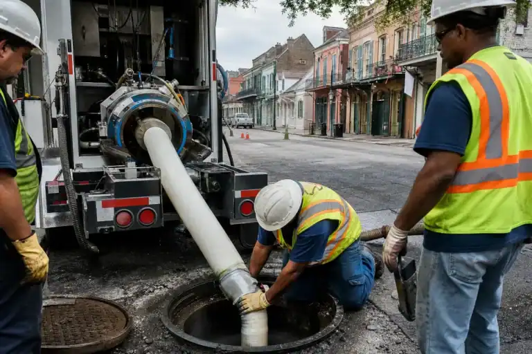 Pelican Underground LLC workers are fixing an underground pipe using a hose and machine on a city street.