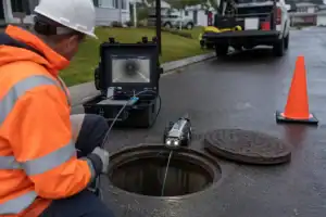 A Pelican Underground LLC worker checks a sewer’s condition with a robotic camera to help keep the city safe and clean.