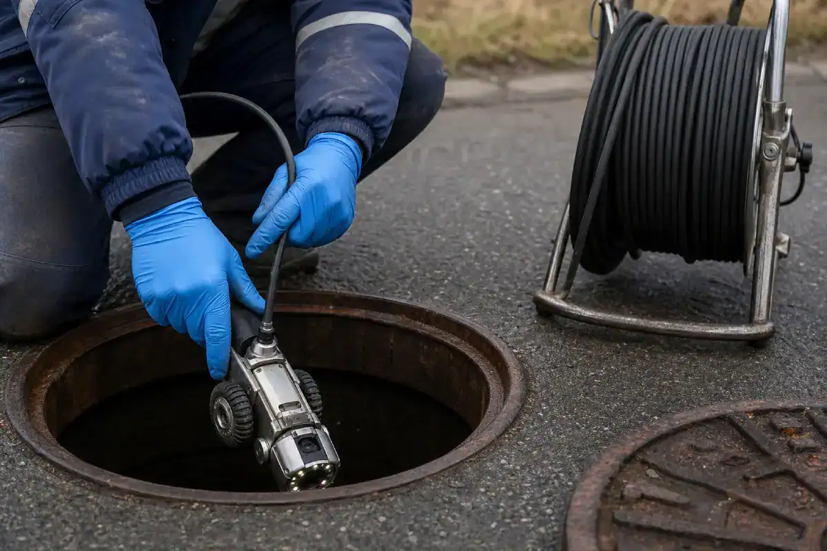Pelican Underground LLC worker uses a camera on a cable to check inside an open manhole for inspection.