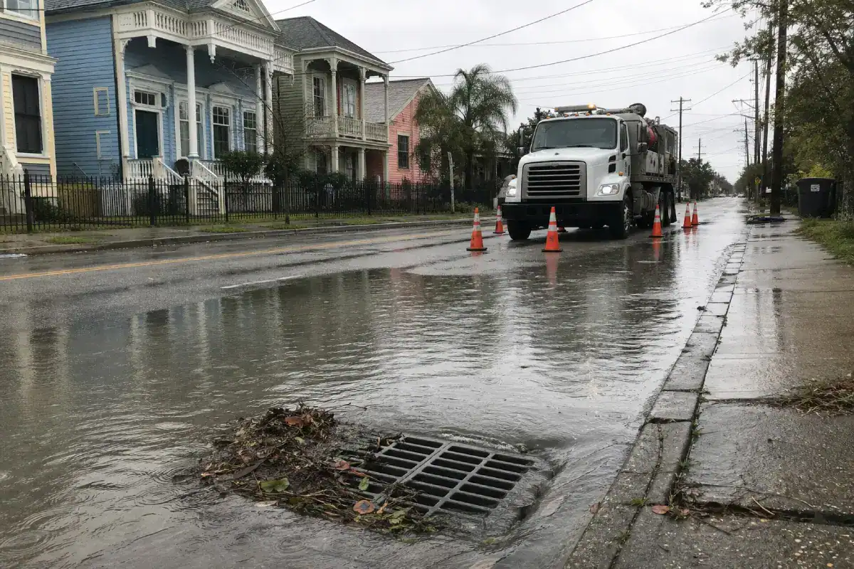 Pelican Underground LLC helps manage flooded streets, showing the need for clear storm drains during rainy weather.