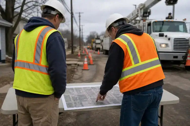 Pelican Underground LLC workers go over a map together, planning their construction work safely and carefully.