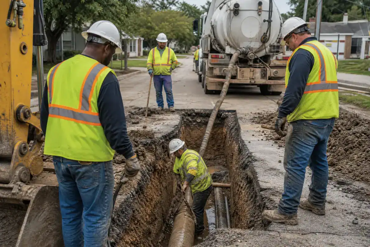 Pelican Underground LLC crew safely installs a pipe in a city trench, working as a team on an important project.