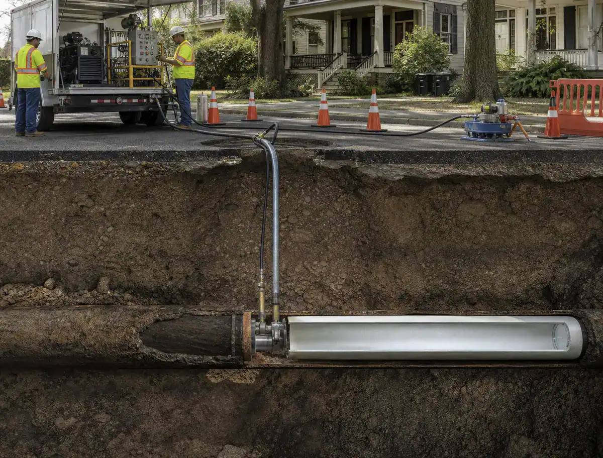 Pelican Underground LLC workers use trenchless technology to fix underground pipes, keeping the area safe and clear for neighbors.