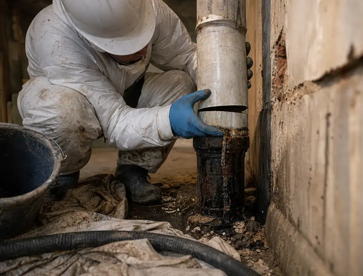 A Pelican Underground LLC worker fixes an old pipe in a building, showing care and safety during repairs.