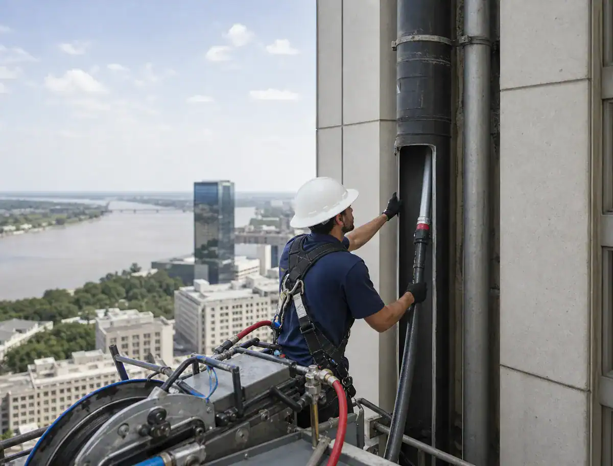 A Pelican Underground LLC worker safely handles cables on a high building, showing expert service in city areas.