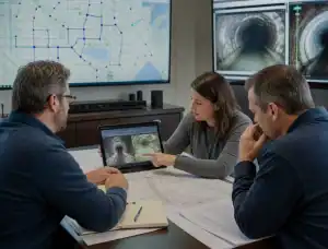 Pelican Underground LLC team reviews sewer inspection results together in an office, using maps and footage to plan next steps.