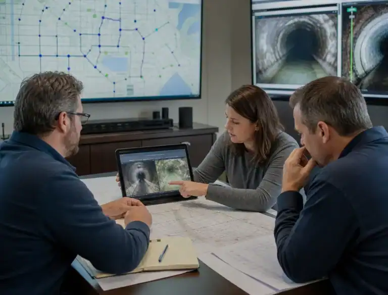 Pelican Underground LLC team reviews sewer inspection results together in an office, using maps and footage to plan next steps.