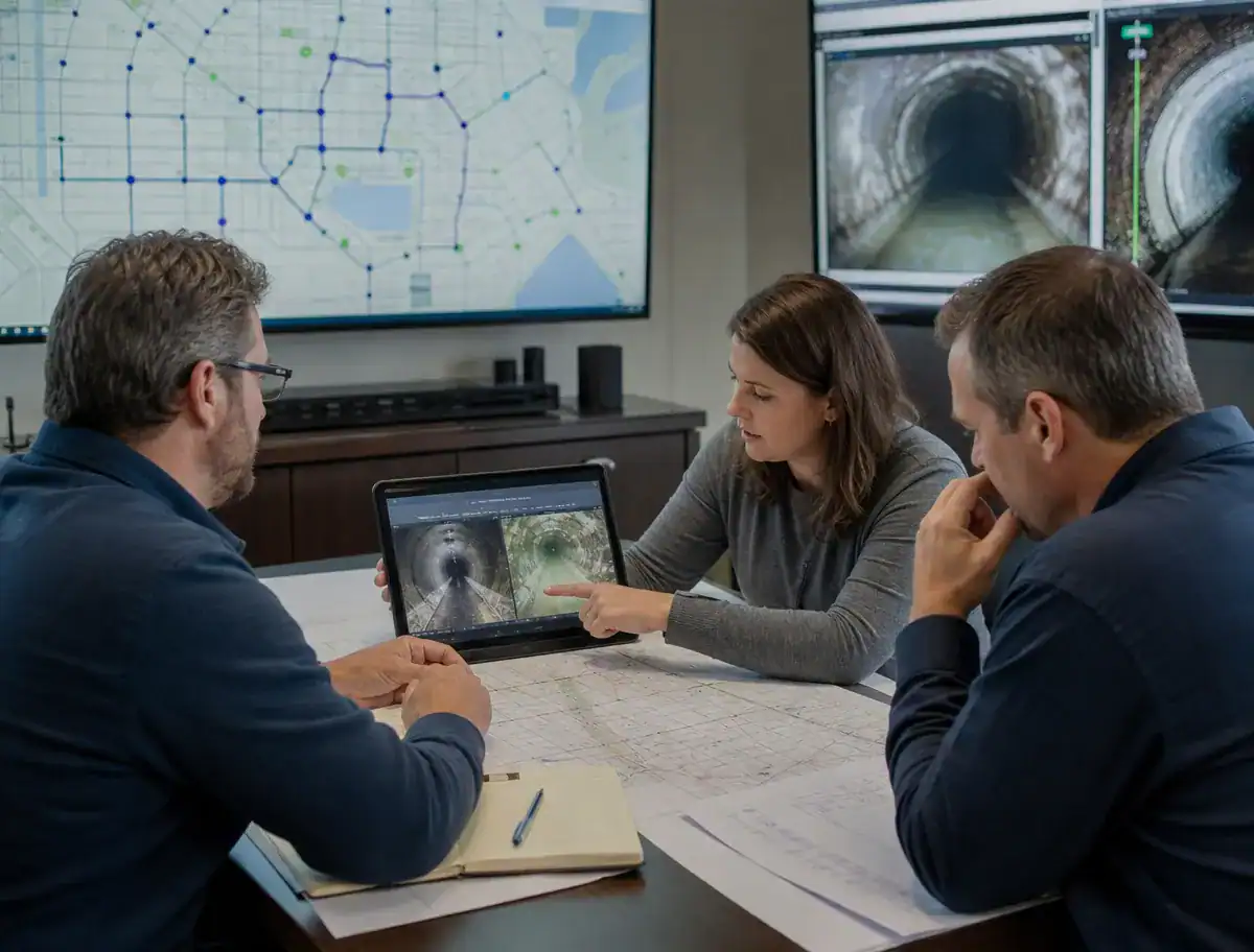 Pelican Underground LLC team reviews sewer inspection results together in an office, using maps and footage to plan next steps.