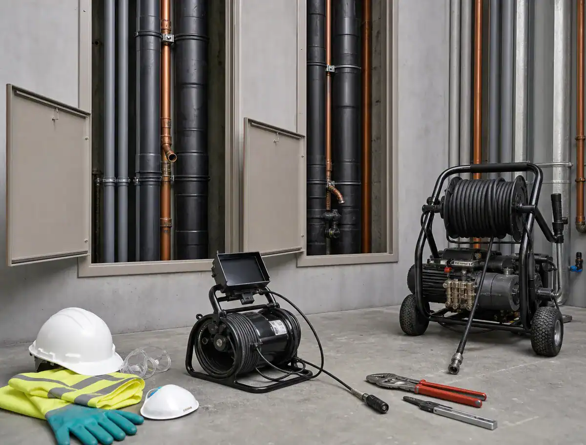 Pelican Underground LLC demonstrates safety and readiness for plumbing inspections in an industrial setting.