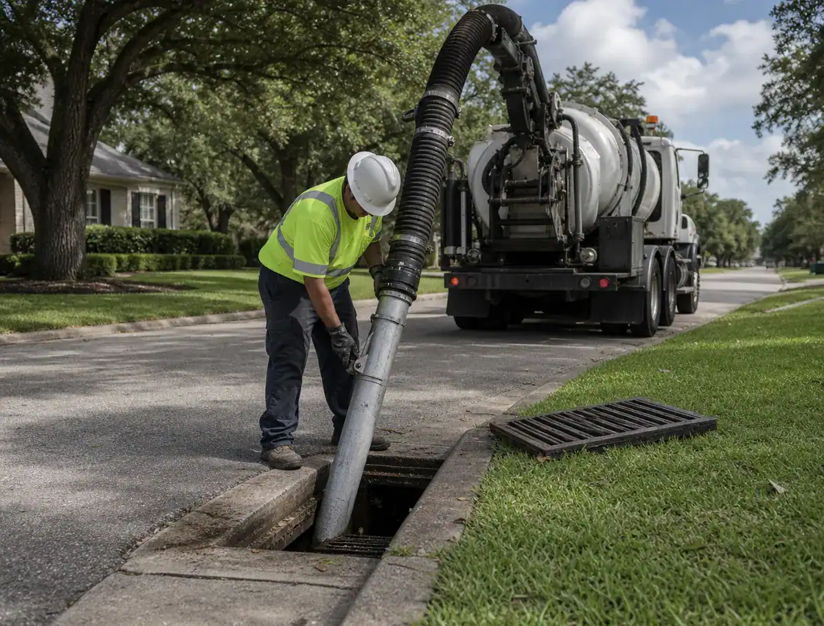 A Pelican Underground LLC worker cleans a storm drain in a neighborhood, helping keep the area safe and clear.