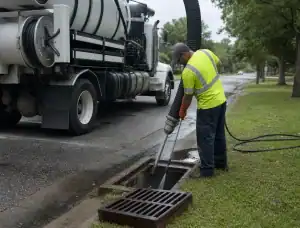 Pelican Underground LLC worker is safely cleaning a street storm drain to help keep the area safe and prevent flooding.