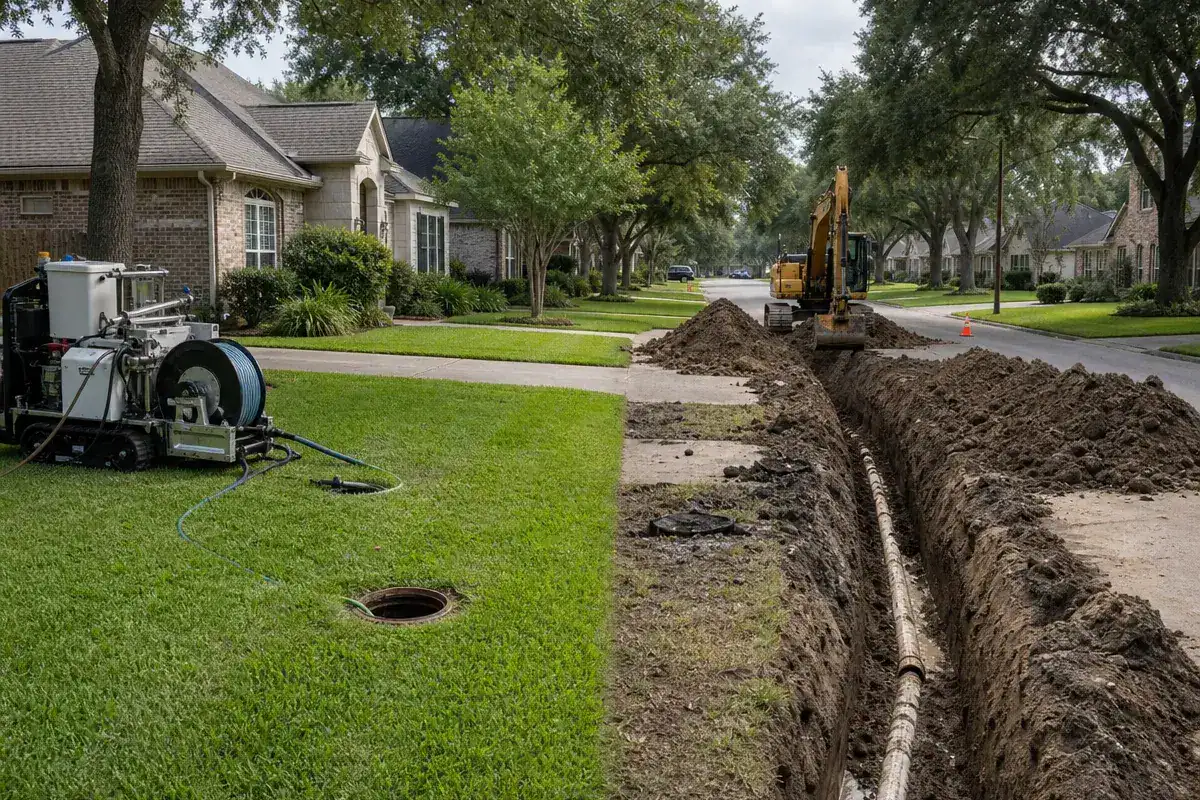 Pelican Underground LLC is working to repair underground pipes in a quiet neighborhood street.