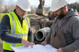 Pelican Underground LLC workers check plans at a job site, showing teamwork and focus on safe construction.