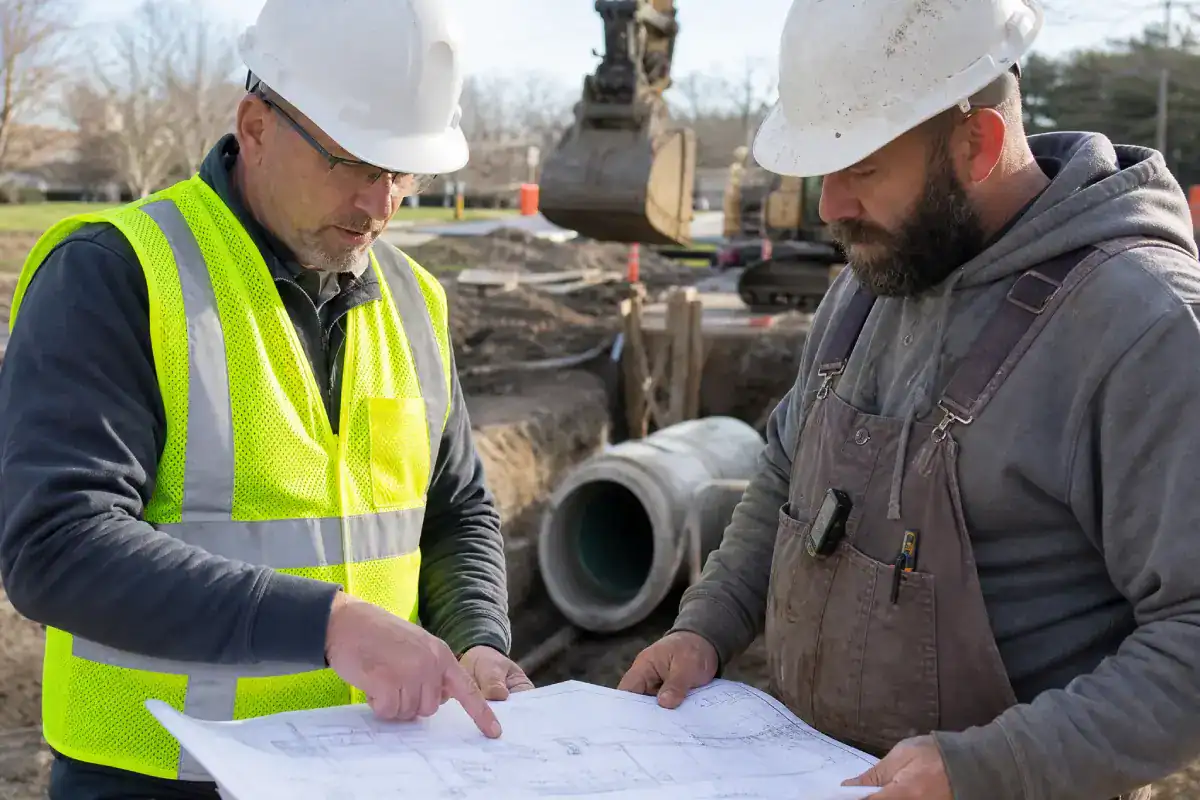Pelican Underground LLC workers check plans at a job site, showing teamwork and focus on safe construction.