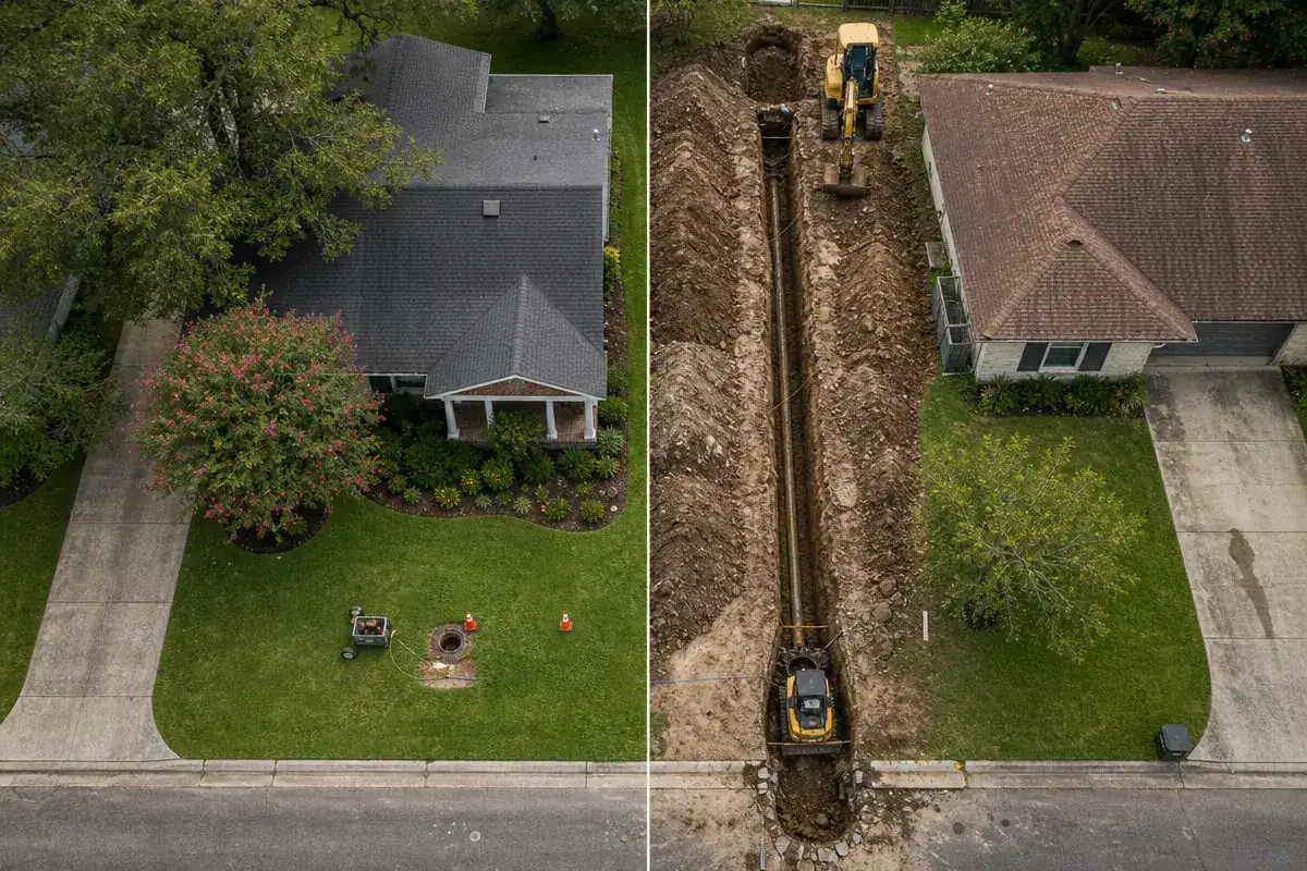 Pelican Underground LLC shows one home before and another after trench work, highlighting their expert construction process.