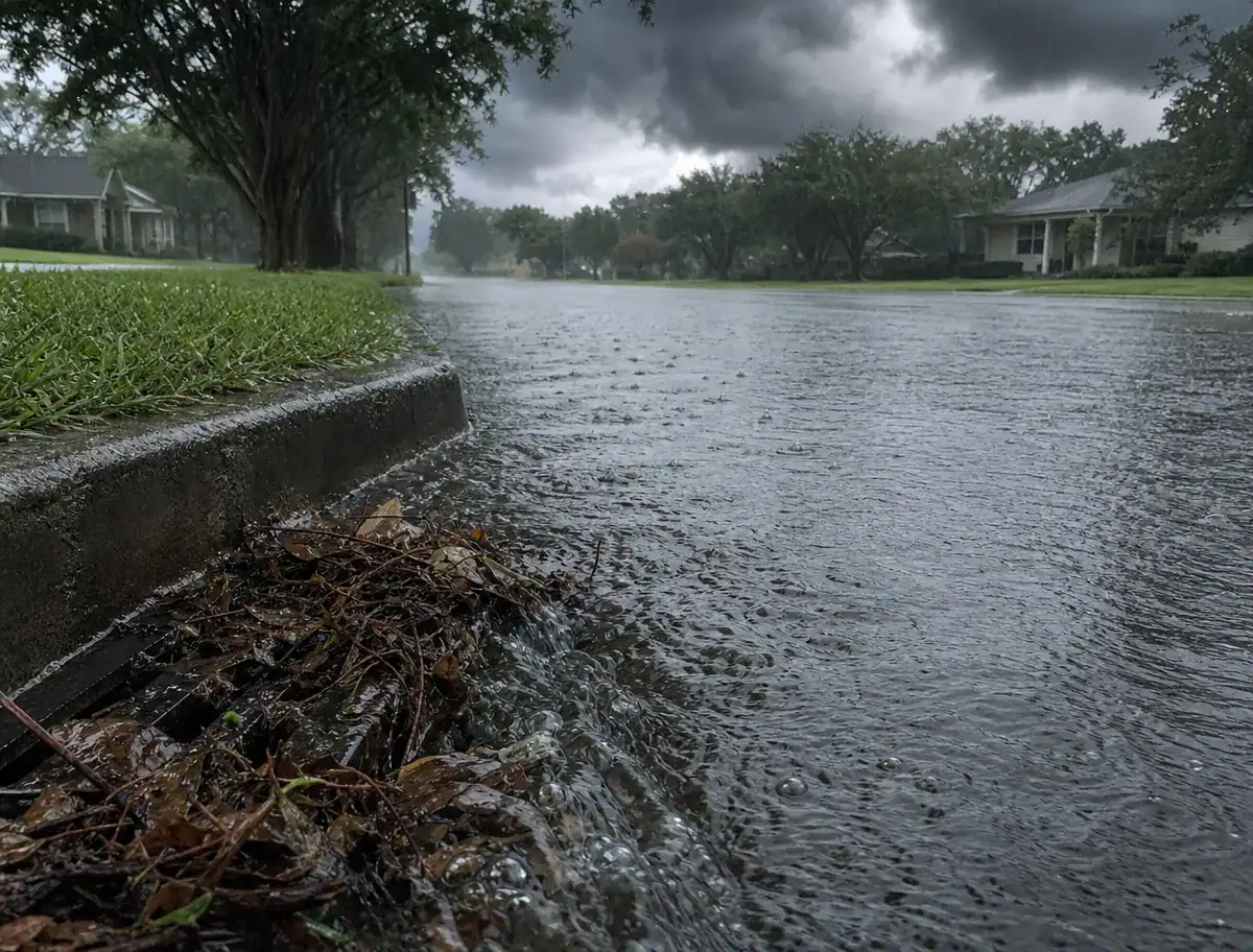 Pelican Underground LLC shows a stormy day in the suburbs as rainwater carries debris, highlighting rainy weather impact.