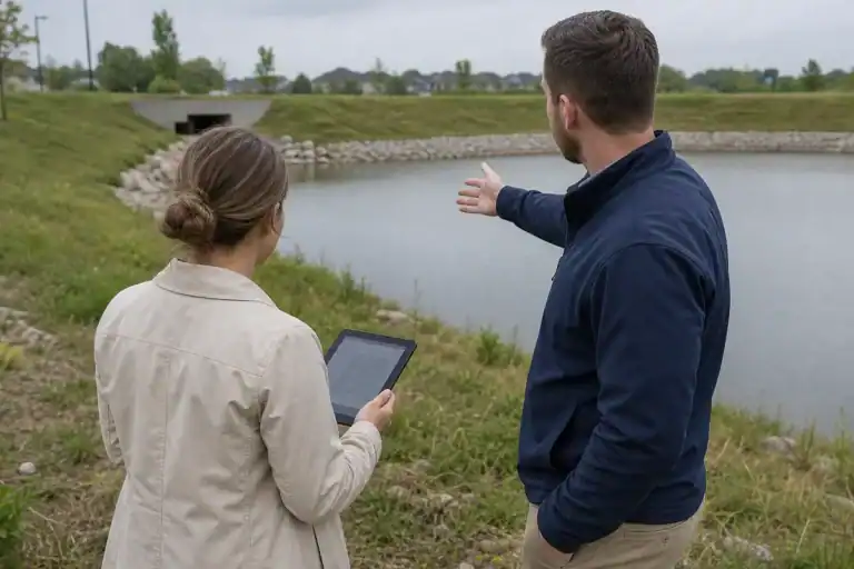 Pelican Underground LLC team discusses pond care and water use near homes, showing their work in land and water solutions.