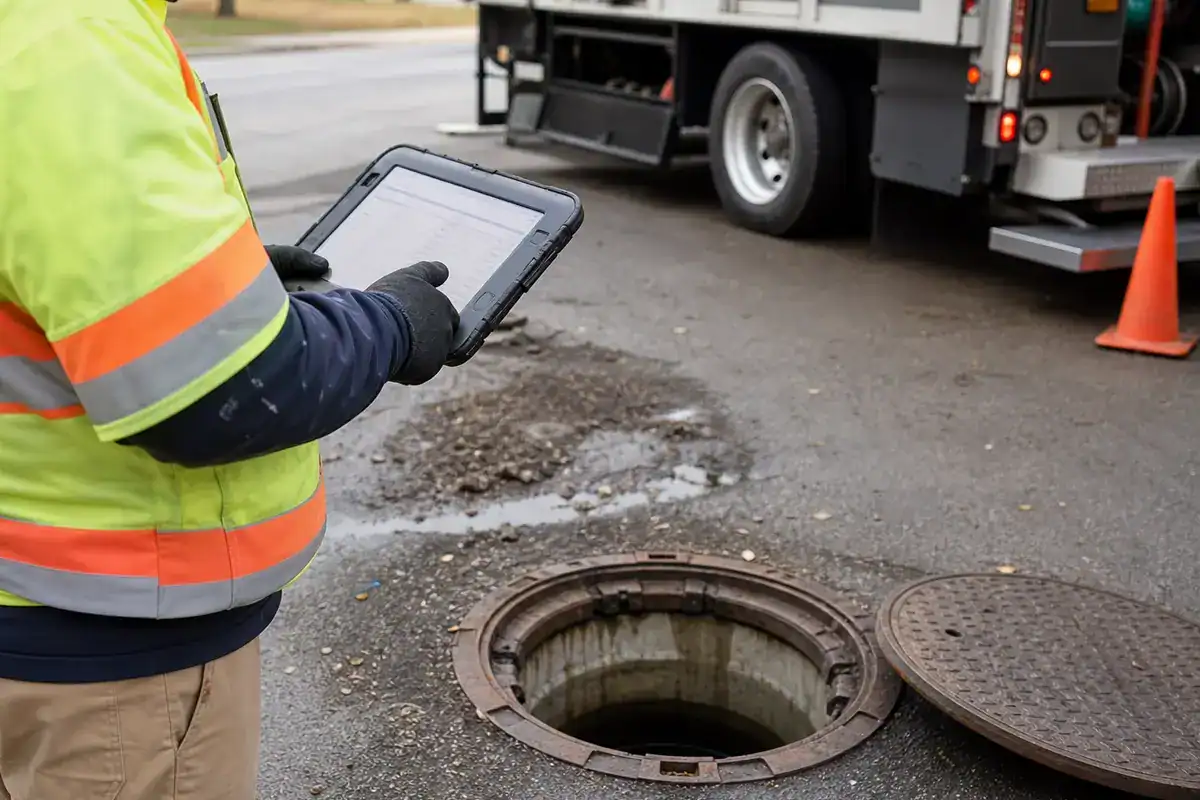 A Pelican Underground LLC worker checks data on a tablet while inspecting a street manhole for safety.