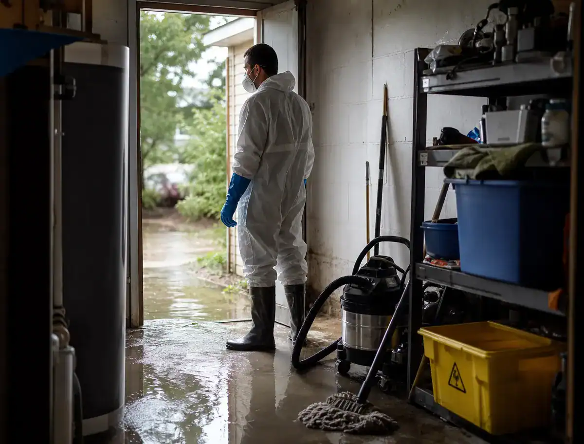 A Pelican Underground LLC worker checks a flooded garage, showing the impact heavy rain can have on homes.
