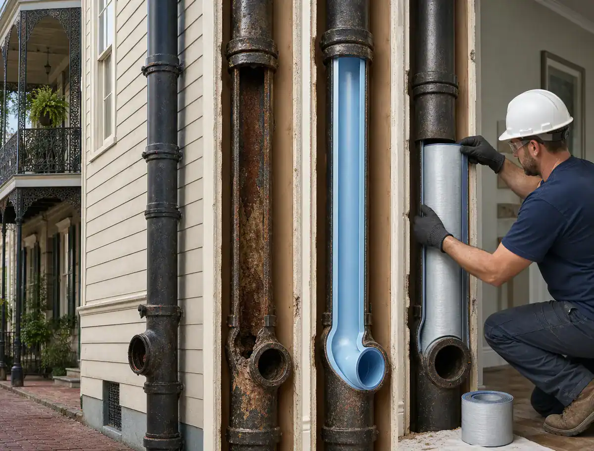 A Pelican Underground LLC worker fixes building pipes by fitting a blue liner, showing reliable and safe pipe repair.
