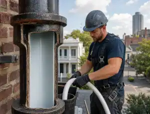 A Pelican Underground LLC worker safely uses equipment on a rooftop to help with pipes as part of building maintenance.