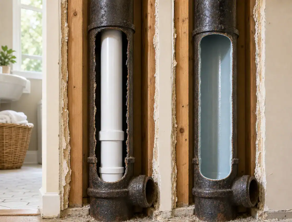 Pelican Underground LLC shows how their pipe liner works compared to a regular pipe, highlighting bathroom use.