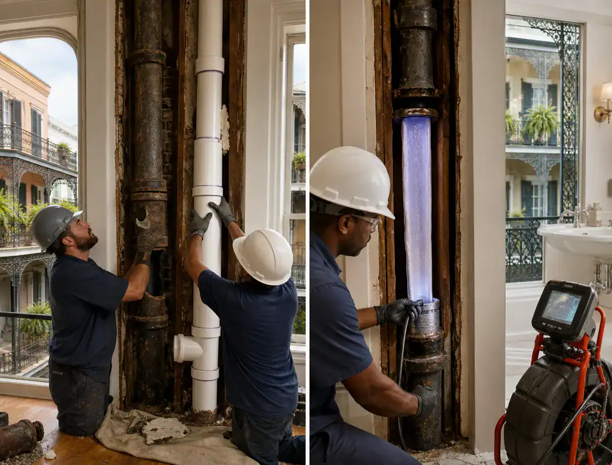 Pelican Underground LLC team repairs and inspects pipes in a building, showing expert care and attention to plumbing issues.