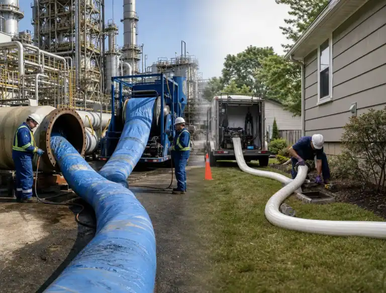 Pelican Underground LLC workers safely use hoses for industrial and home jobs, showing reliable service in different settings.