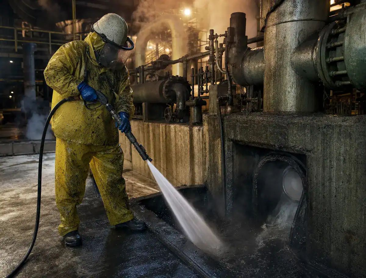 Pelican Underground LLC worker safely cleans equipment, showing a focus on safety and proper factory cleaning methods.