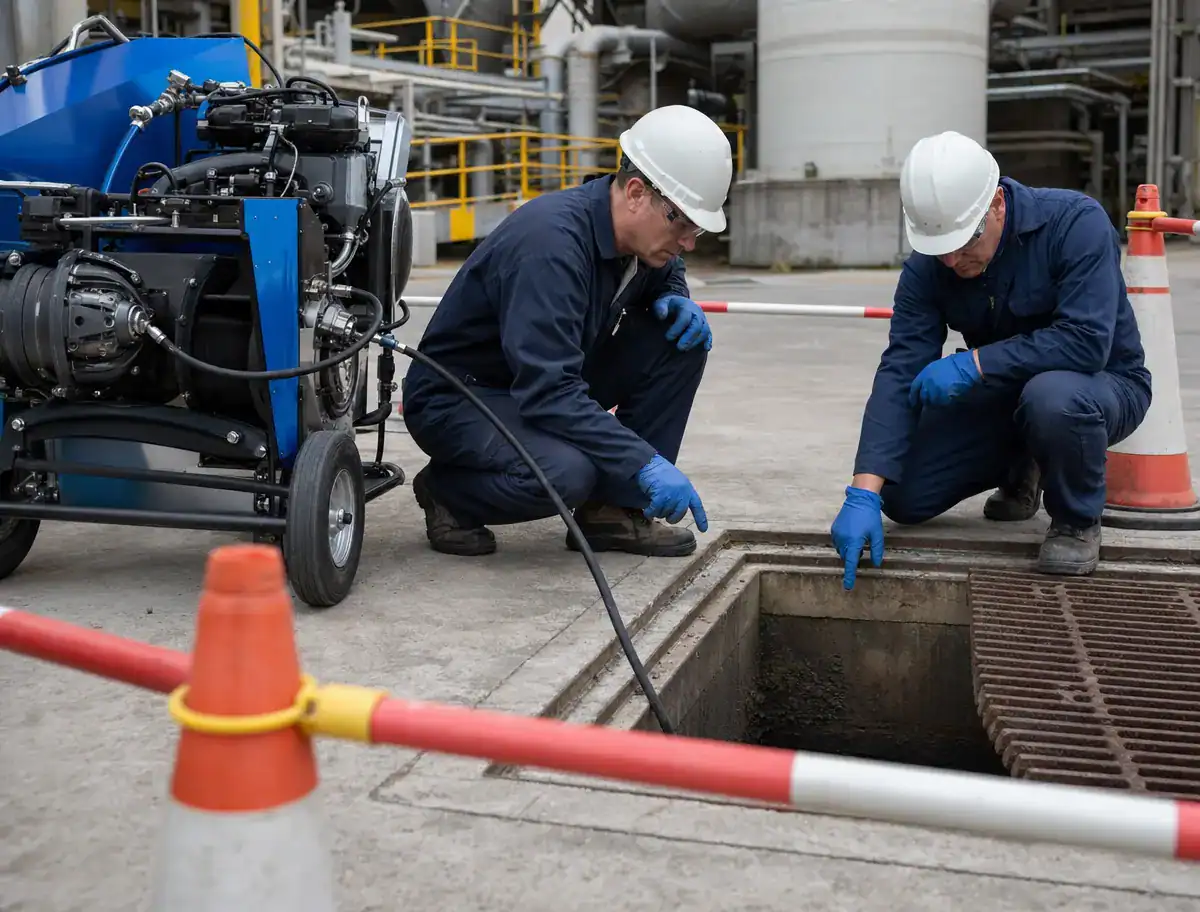 Pelican Underground LLC workers check a manhole, working together to keep the area safe and equipment running smoothly.