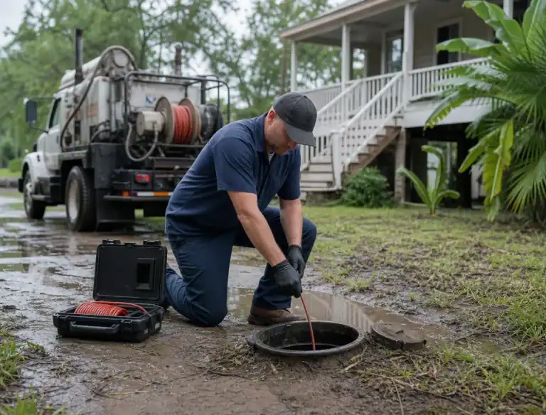 Pelican Underground LLC worker checks pipes to keep systems safe, using special tools and a service truck.