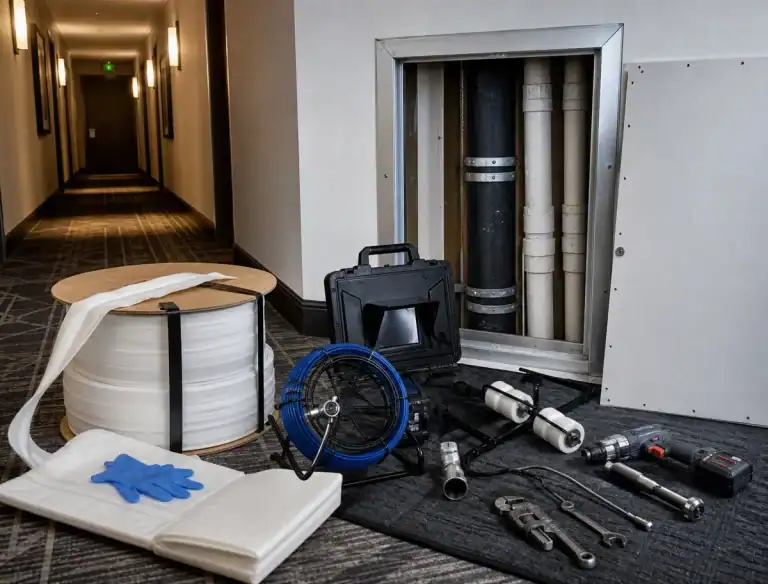 Pelican Underground LLC is ready to repair pipes, showing professional setup for pipe relining in a building hallway.