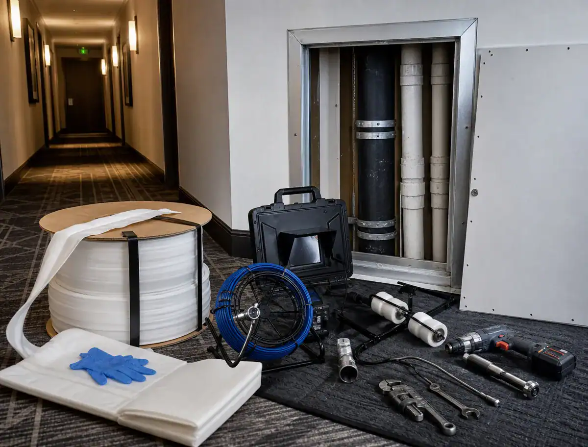 Pelican Underground LLC is ready to repair pipes, showing professional setup for pipe relining in a building hallway.