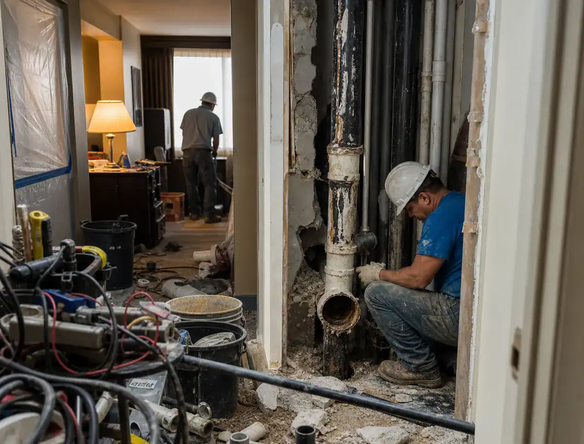Pelican Underground LLC workers fix pipes in a room under repair, showing teamwork and problem-solving on the job.